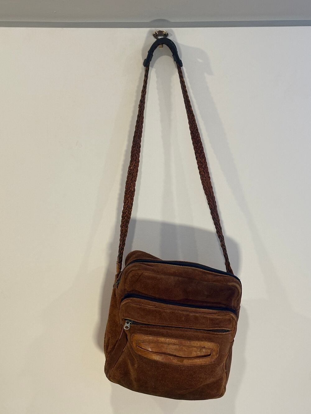 Vintage Bernardo Brown Suede Leather Braided Crossbody Shoulder Bag Mexico